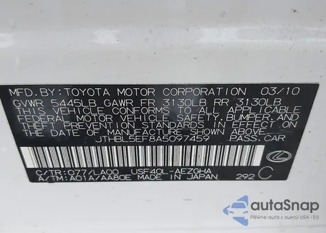 2010 Lexus Ls 460 z USA, uszkodzony, nr VIN JTHBL5EF8A5097459